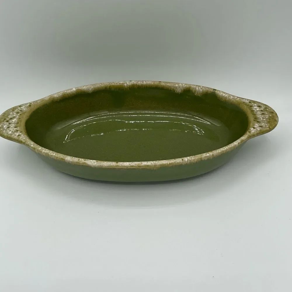 Hull Pottery Avocado Drip, Oval Baking Dish Oven Proof ca 1960 USA